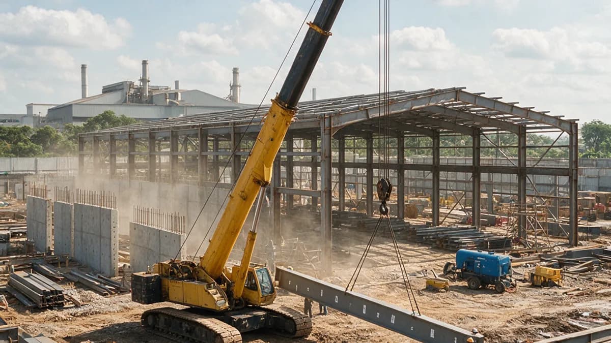 Guindaste içando viga metálica em obra de ampliação de planta industrial no Polo Industrial de Manaus