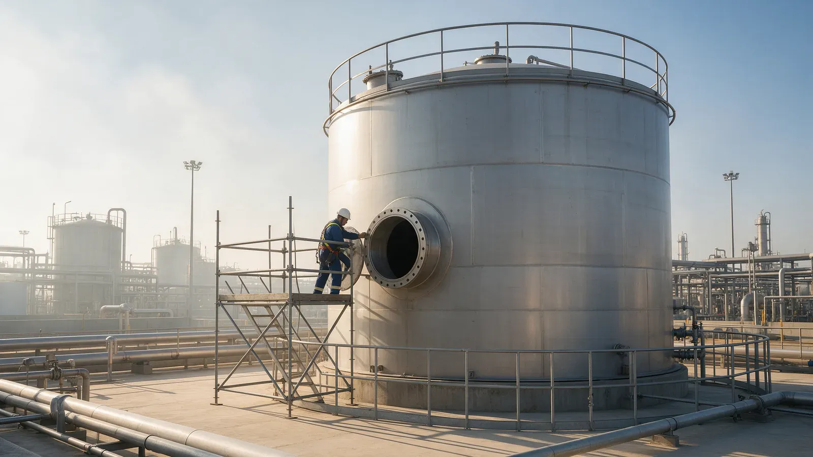 Equipe conferindo o fechamento de bocal de tanque de armazenamento após parada de manutenção