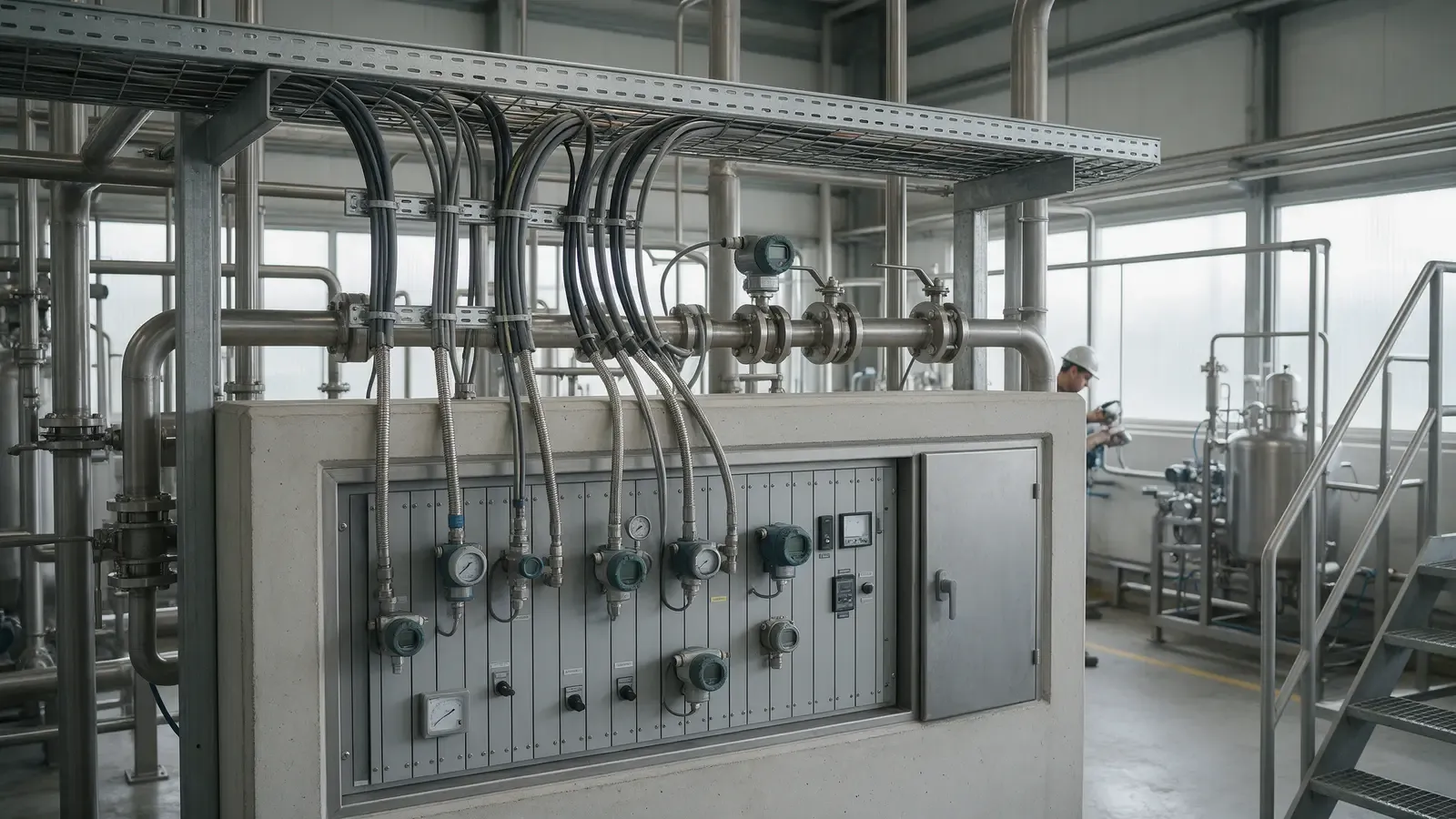 Painel de instrumentos de caldeira em sala de controle industrial com indicação de alarme