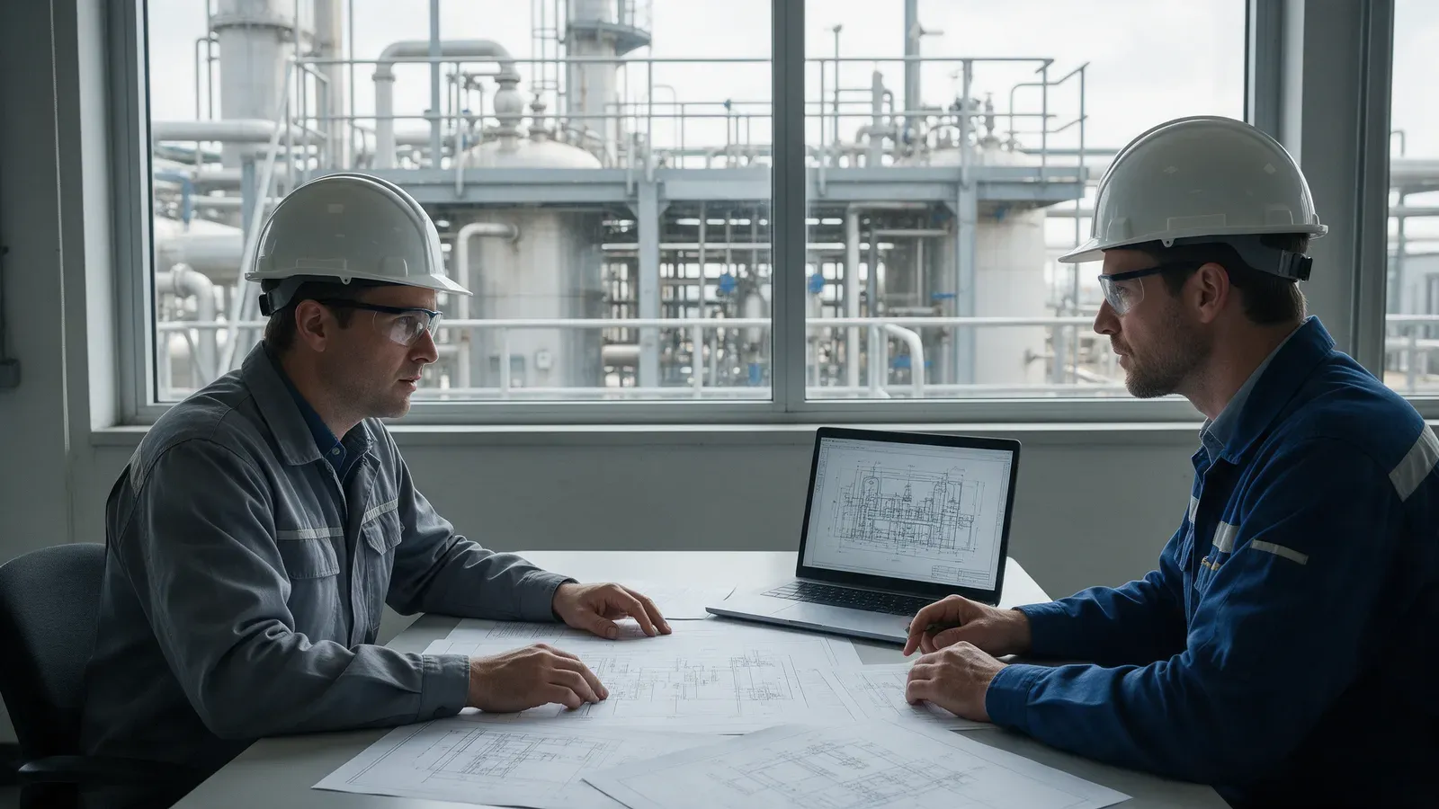 Engenheiro analisando planta industrial e documentação técnica para priorização de inspeção