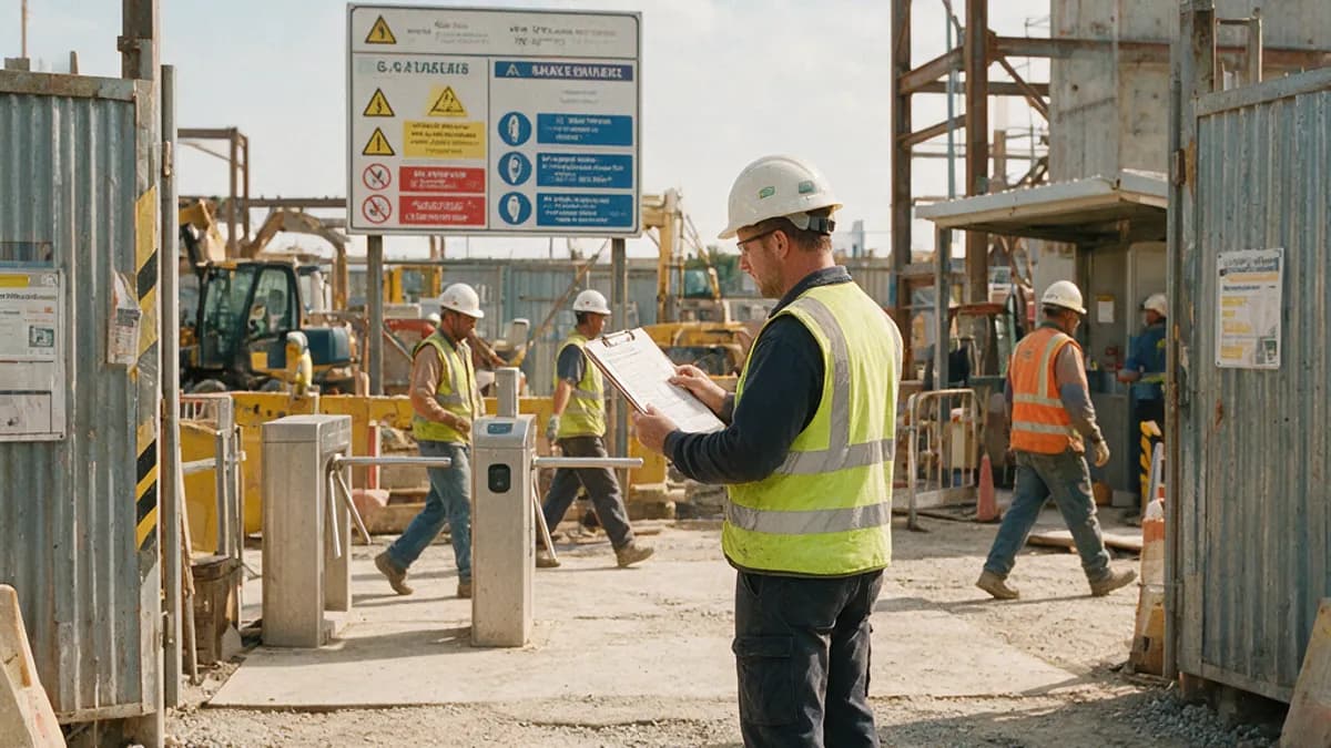 Engenheiro de segurança revisando documento de análise de riscos na entrada de um canteiro de obras industrial