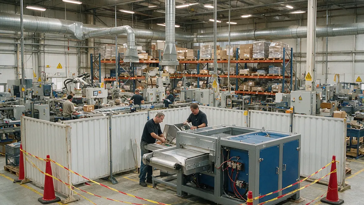 Montagem de equipamento industrial atrás de barreiras de isolamento com a linha de produção operando ao fundo