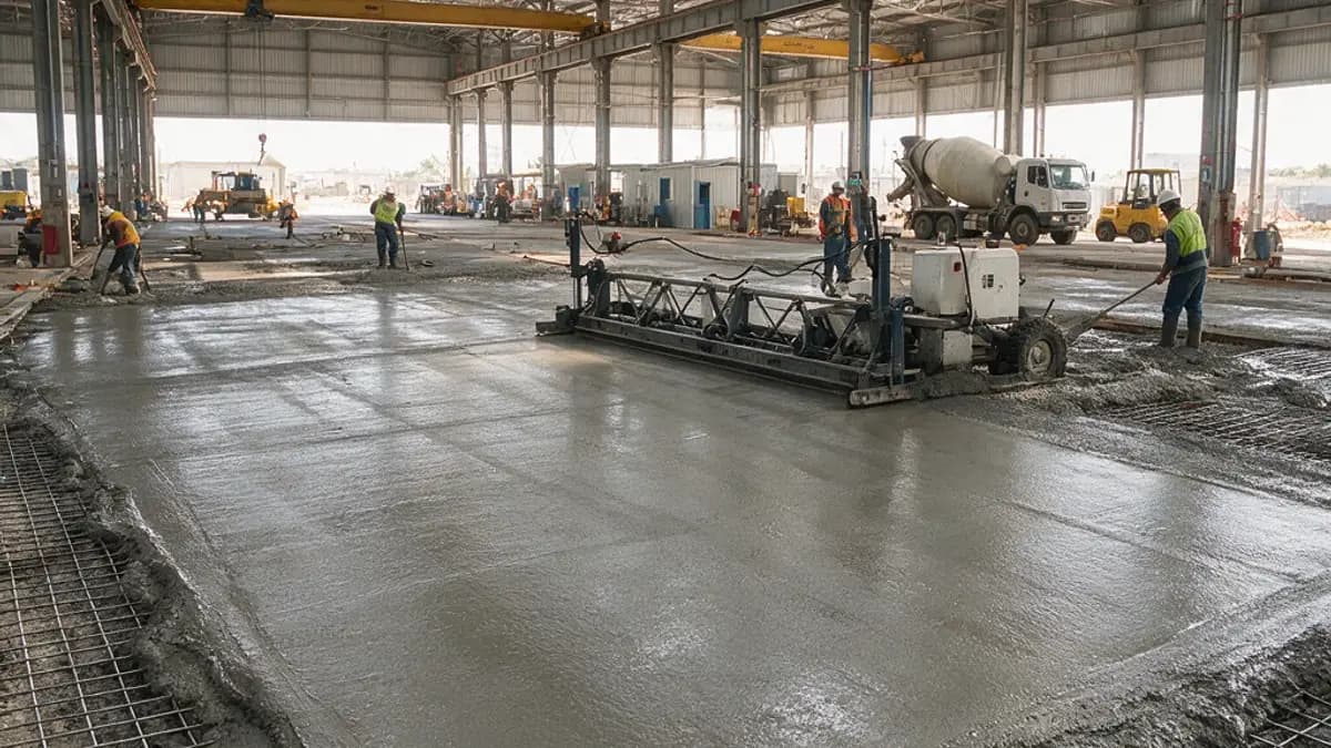 Concretagem de piso industrial com régua vibratória em galpão fabril