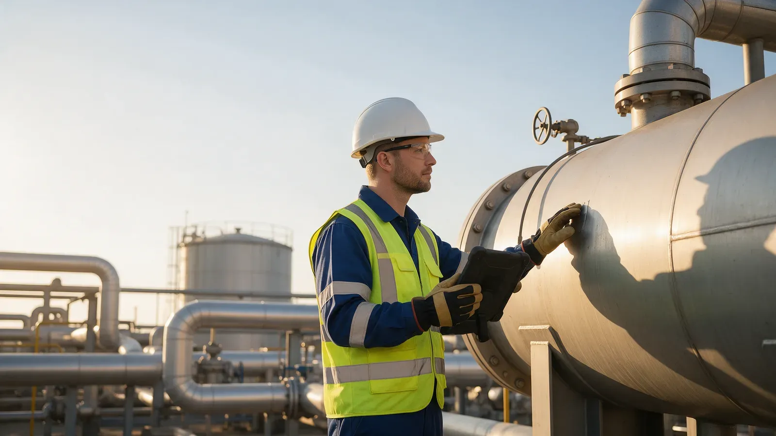 Engenheiro de inspeção examinando o costado de um vaso de pressão em planta industrial