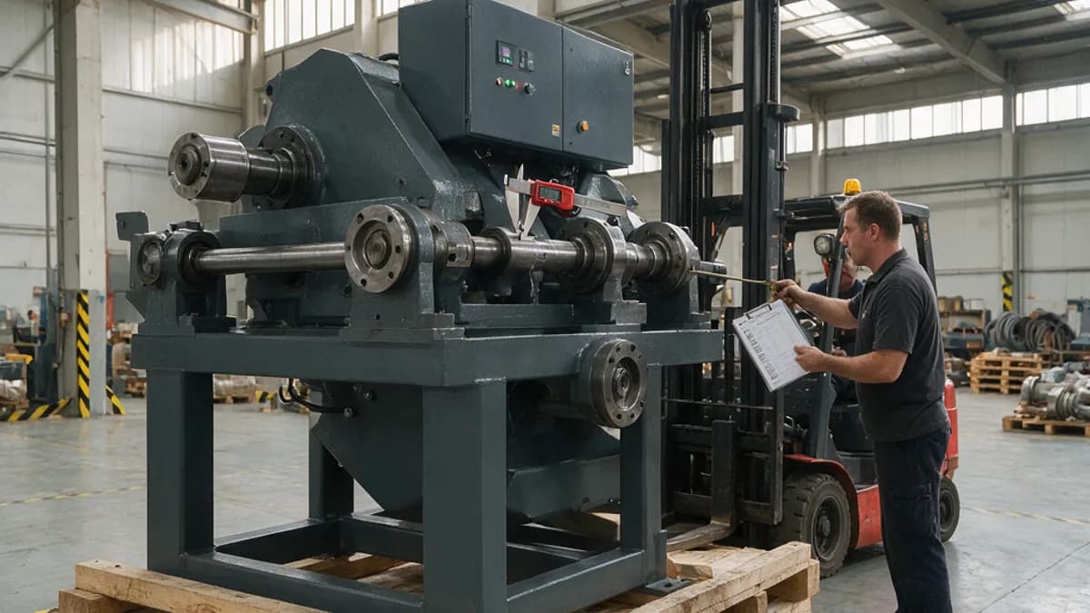 Técnico medindo equipamento industrial recém-entregue sobre caixa de transporte em área de recebimento de fábrica